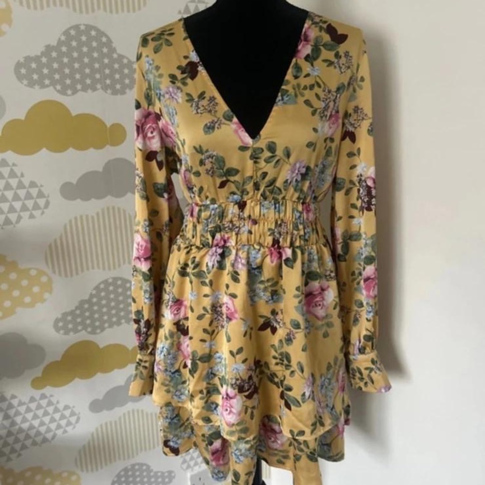 Boohoo Yellow Floral Long Sleeve Dress